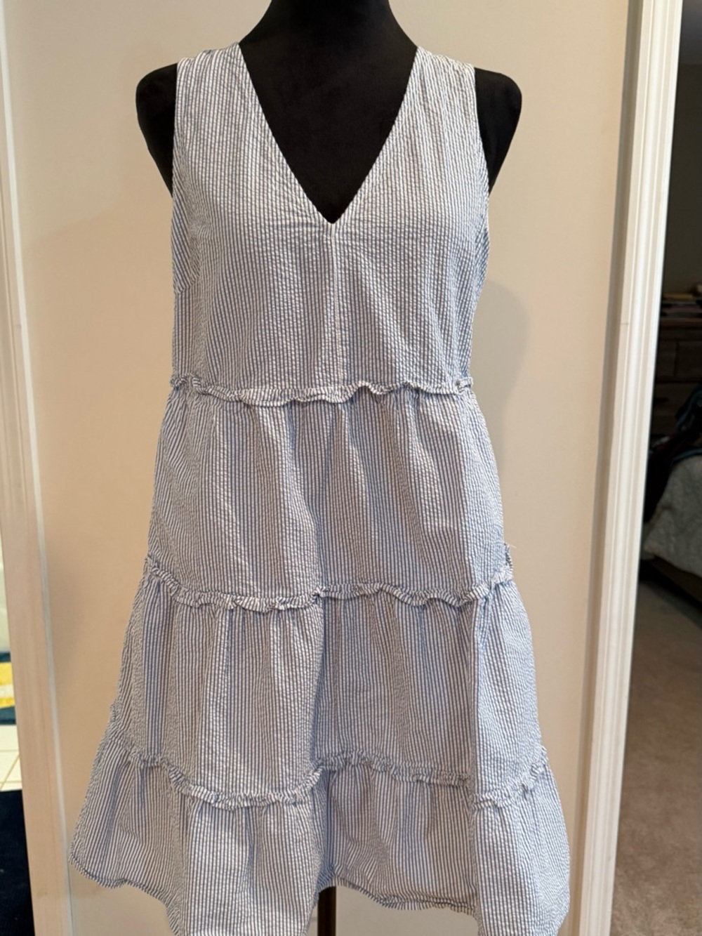 J. Crew Blue and White Striped Tiered V-Neck Summer Dress